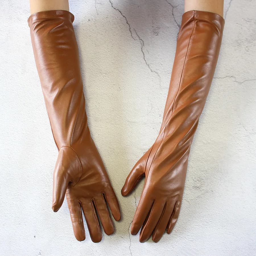 Gants longs en cuir pour femmes, couleur mouton, Section fine sur le coude, doublure longue en velou