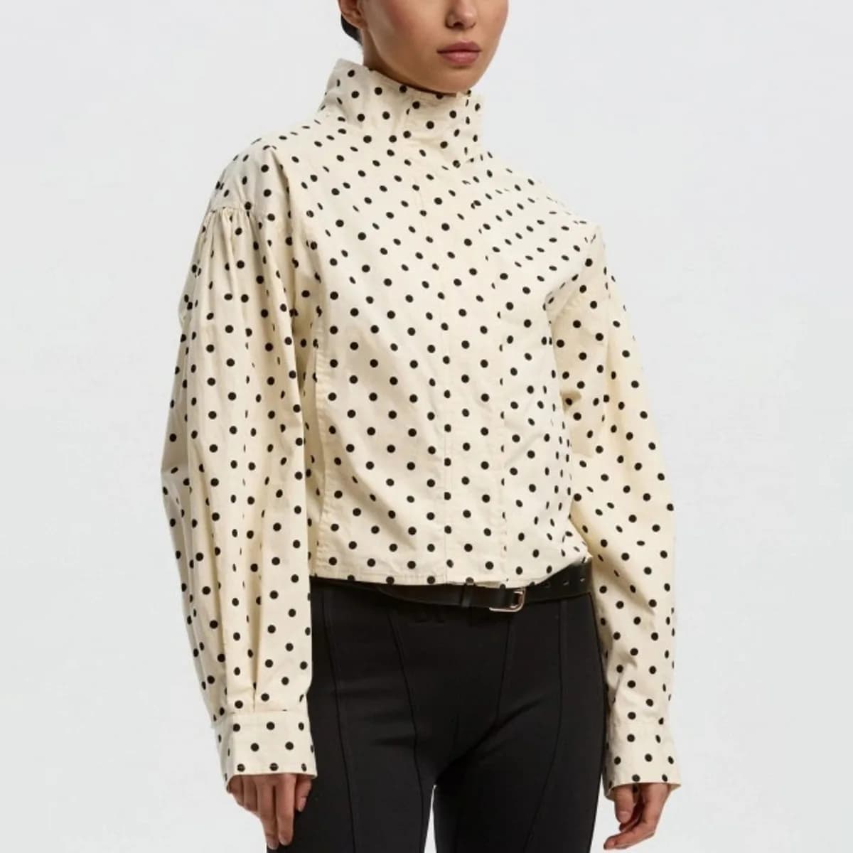 Veste bomber élégante vintage à pois surdimensionnée pour femmes, manches bouffantes, fermeture écla