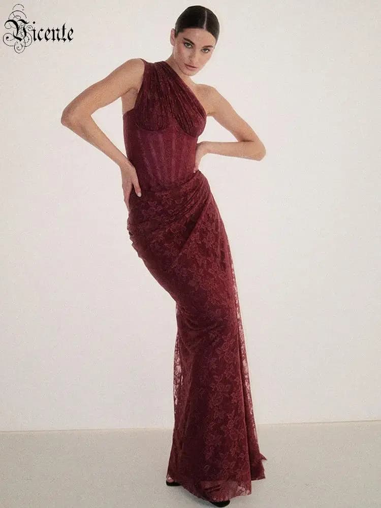 VC Robes longues élégantes en dentelle bordeaux à une épaule pour femme – Robe de soirée drapée coup