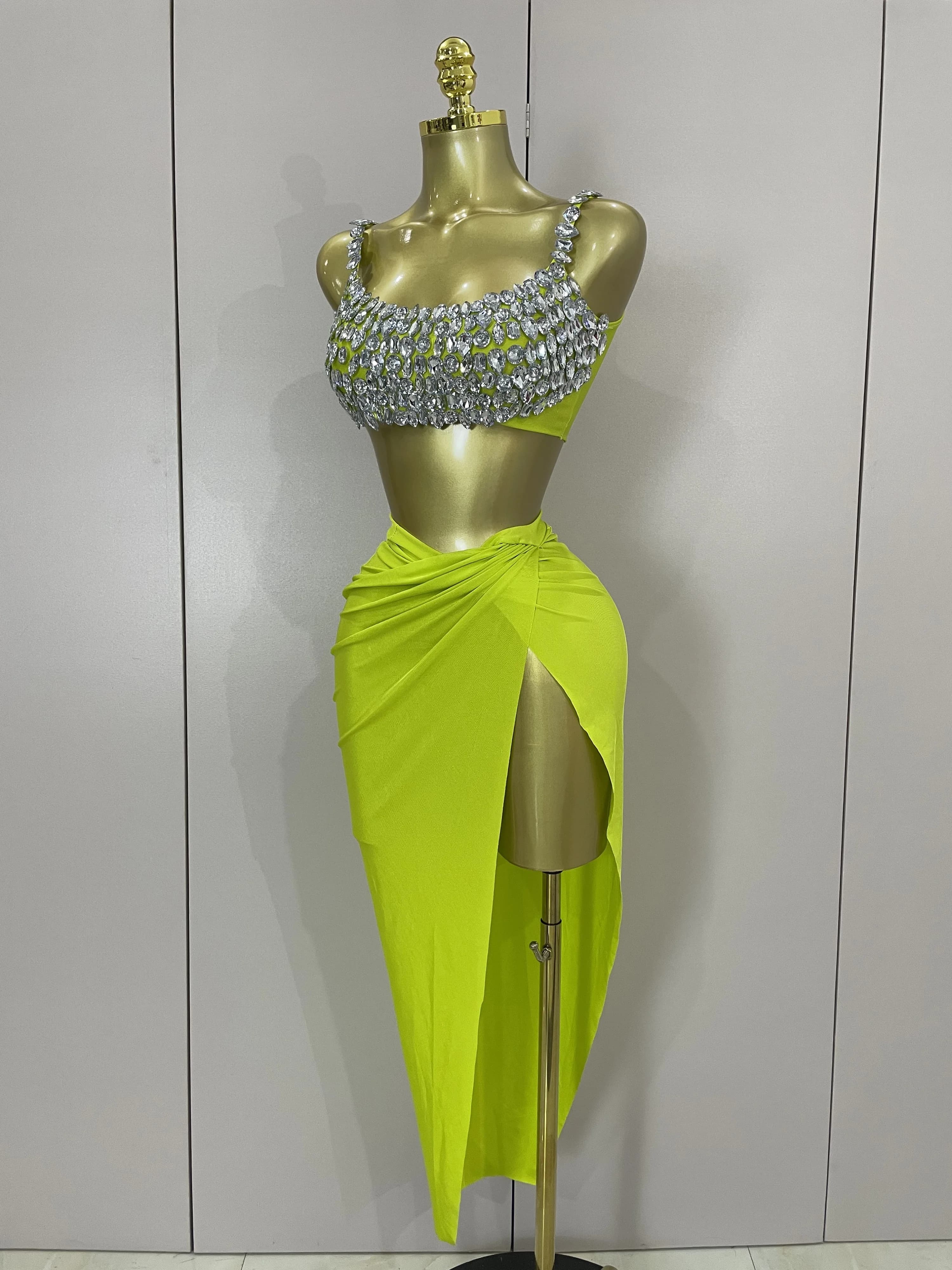 Ensemble deux pièces Sexy avec diamants en cristal scintillant pour femmes, Costume de spectacle sur