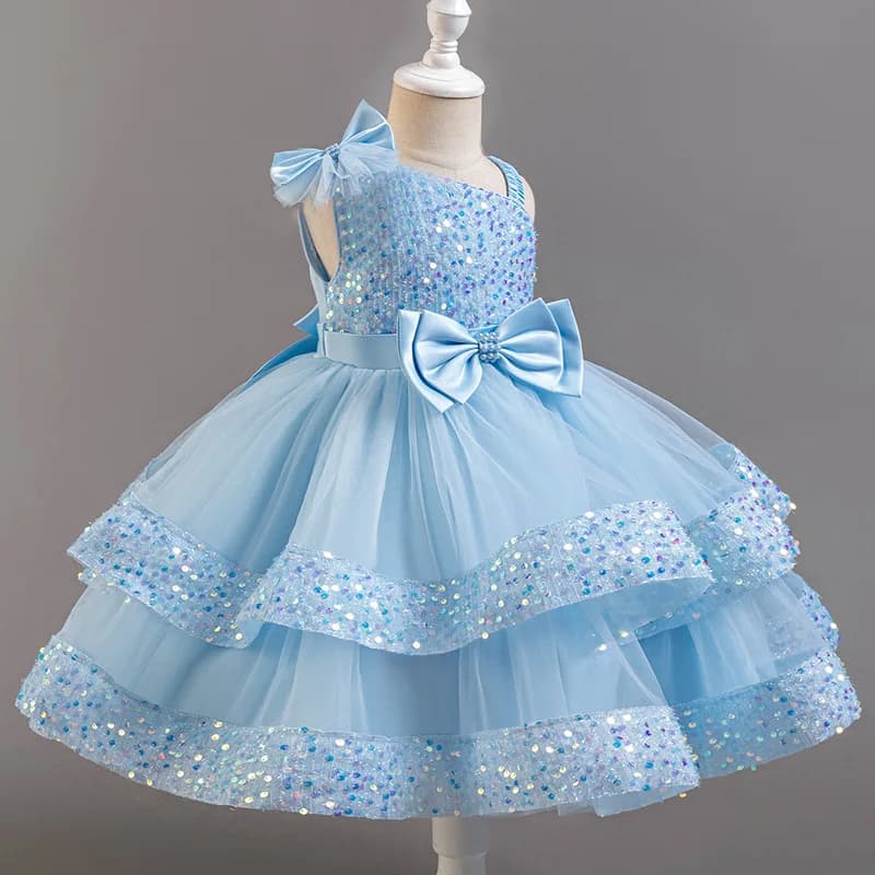 Robe de princesse en maille pour filles, avec nœud à paillettes, col irrégulier, pour fête d'anniver