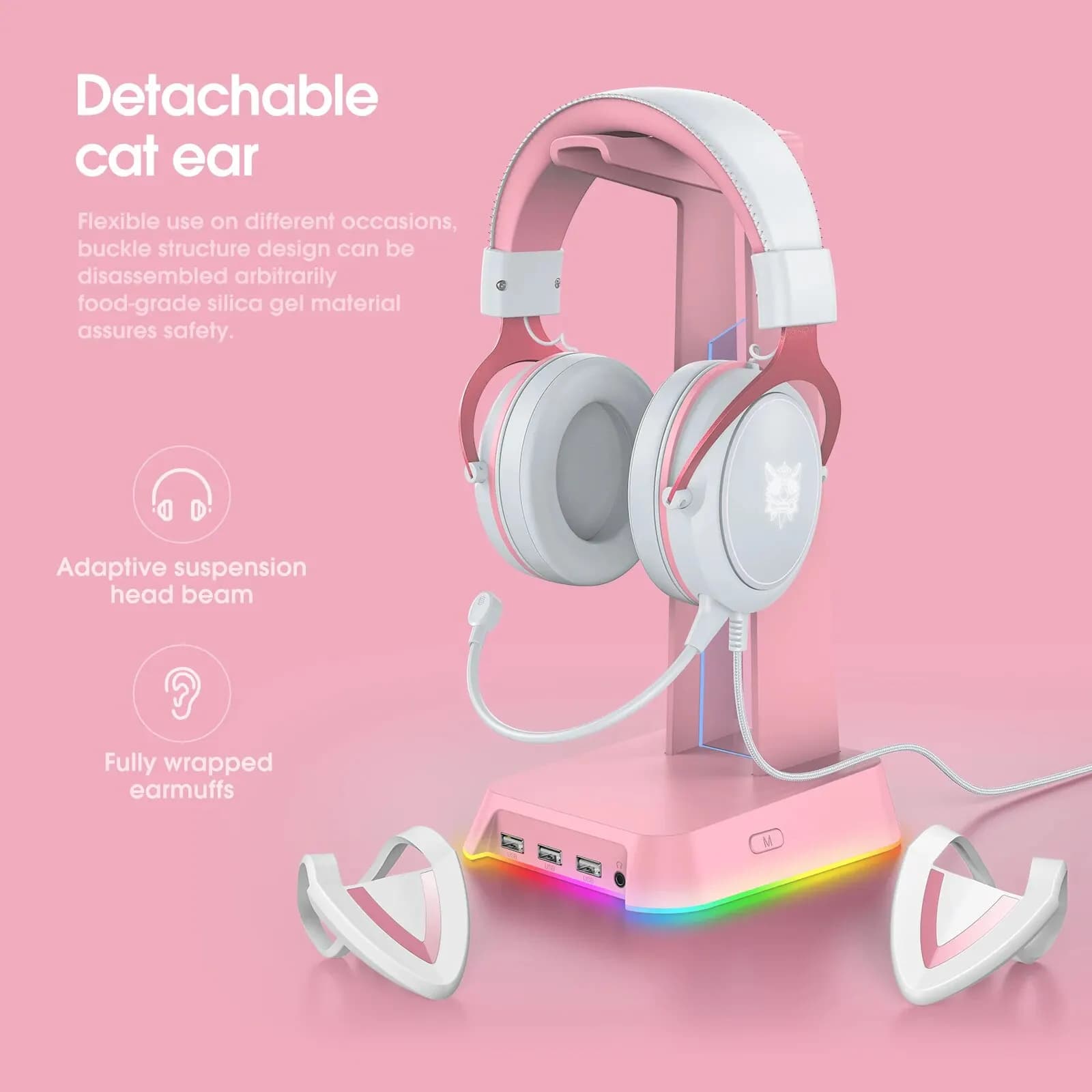 ONIKUMA-Casque de jeu X10 avec poignées amovibles, oreille de chat mignonne, éclairage RBG, casque d