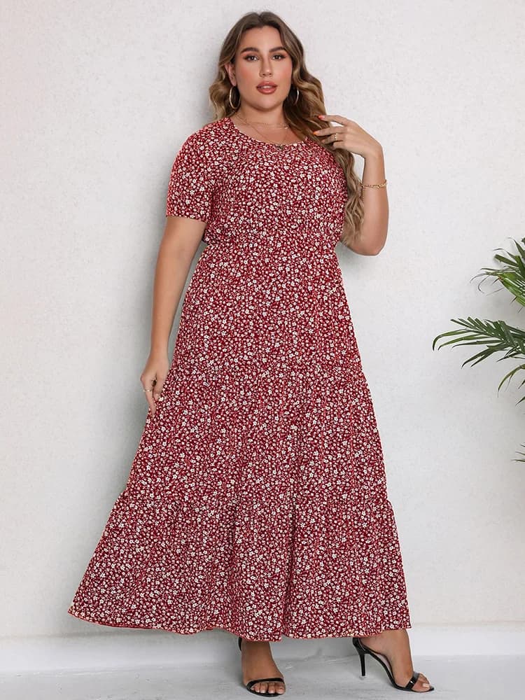 GIBSIE-Robe longue à volants pour femmes, grande taille, col rond, ourlet à fleurs, manches courtes,