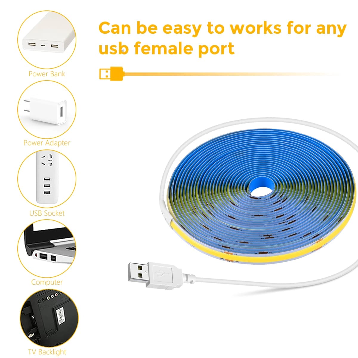 Bande COB LED USB pour sous-meuble, DC5V, avec balayage manuel, interrupteur à capteur tactile à int