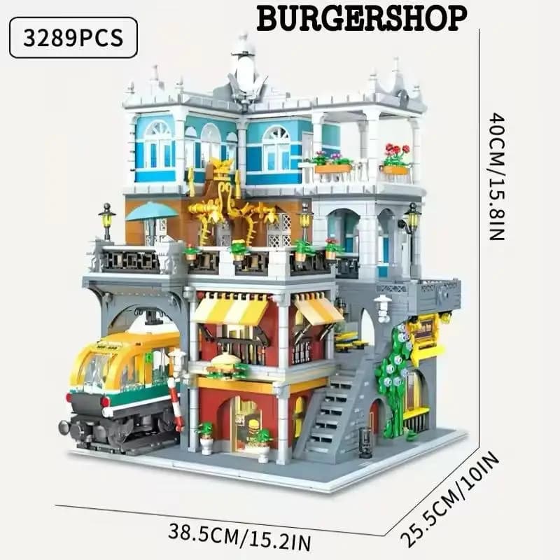 Blocs de construction Burger Shop, 3289 pièces, modèle 89128 avec lumière, vue sur la ville, scène d