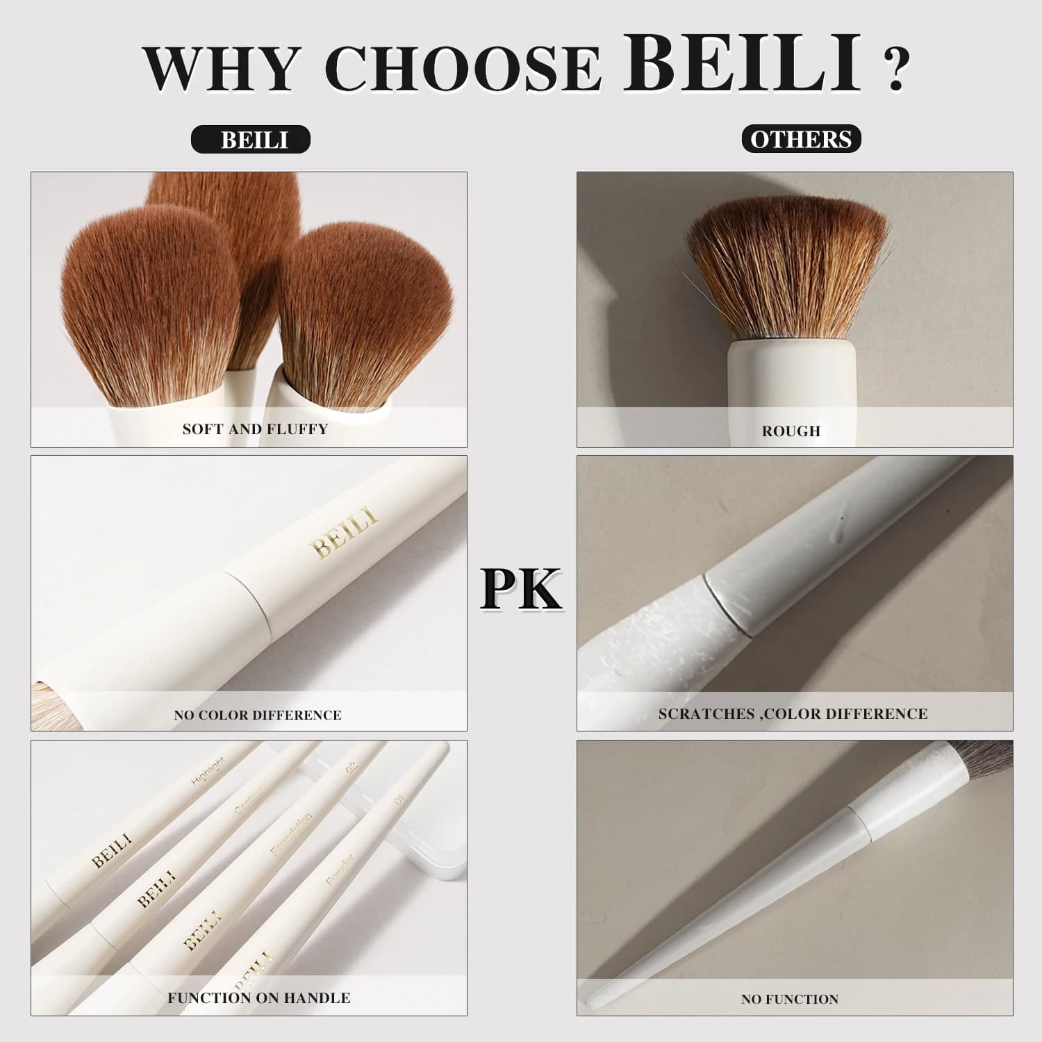 BEILI 15 pièces ensembles de pinceaux de maquillage Beige brosse à cheveux synthétiques fond de tein