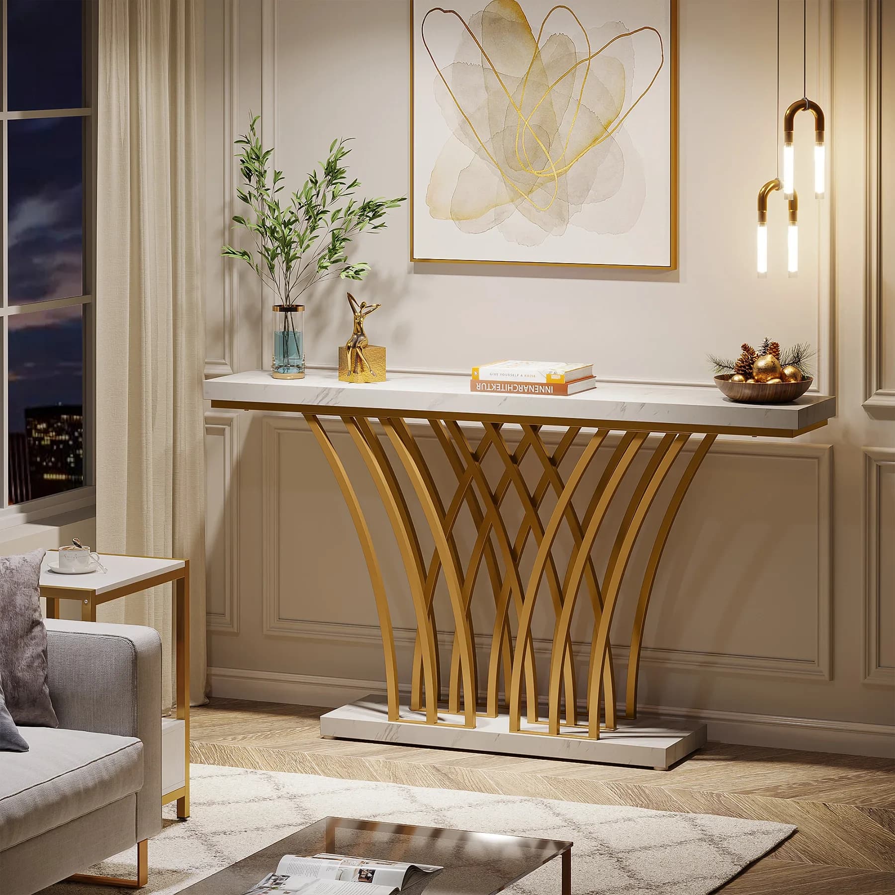 Tribesigns Table console dorée de 59 pouces, table d'entrée moderne avec base en métal en forme de g