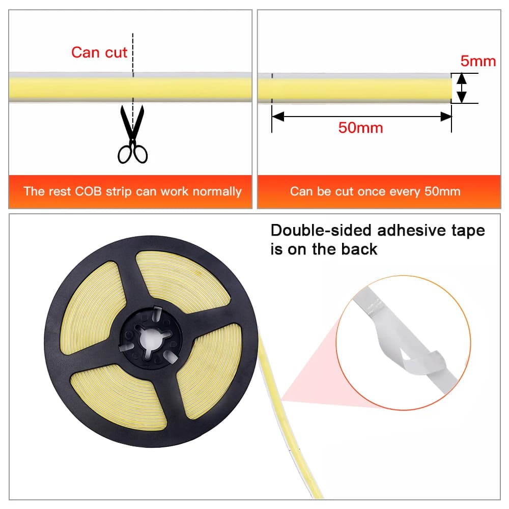 Bande lumineuse LED COB 5mm, 5V, USB, éclairage linéaire haute densité, 320Led/m, Flexible, variable