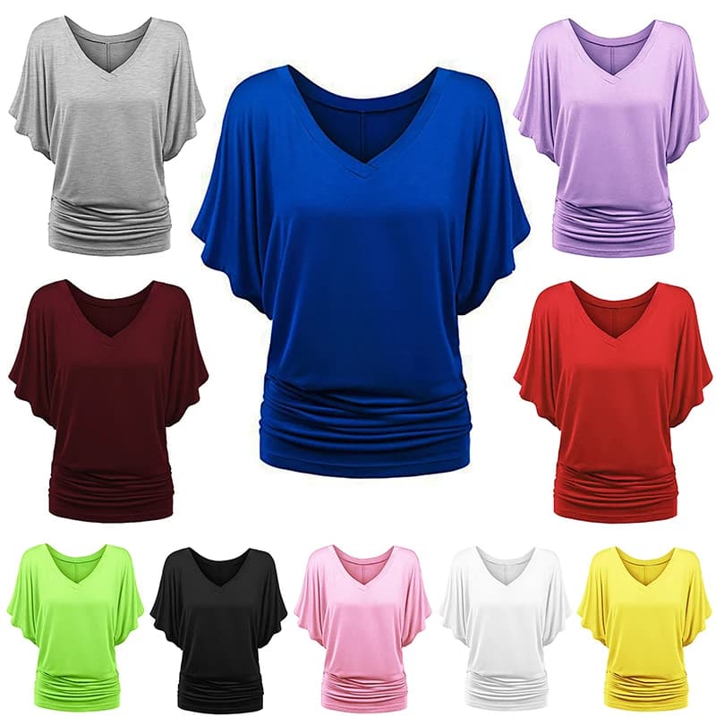 T-shirt chauve-souris classique décontracté, grande taille, col en v, manches courtes, rose, gris, b