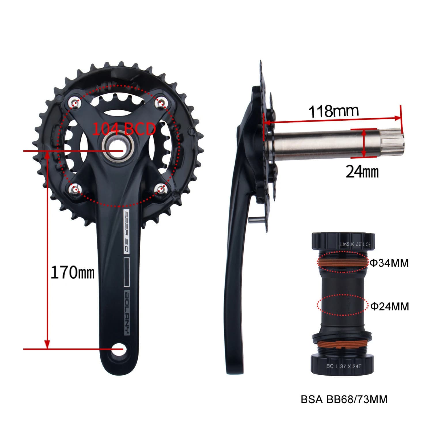 Bolany-Pédalier de vélo à manivelle creuse, plateau intégré, plateau VTT, commencerBCD, 36T, 22-36T,