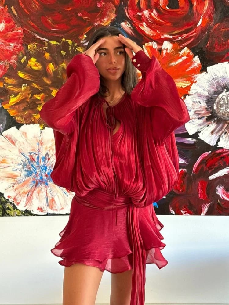 Robe à lacets pour femmes, col rond, ensemble deux pièces, Sexy, volants, plis, drapée, robe trapèze