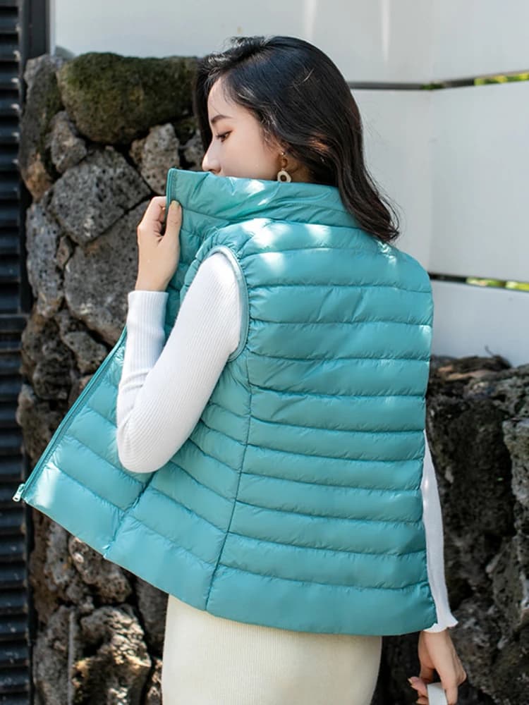 Gilets en duvet de canard Ultra léger pour femme, veste Slim sans manches, coupe-vent, chaud, bouffa