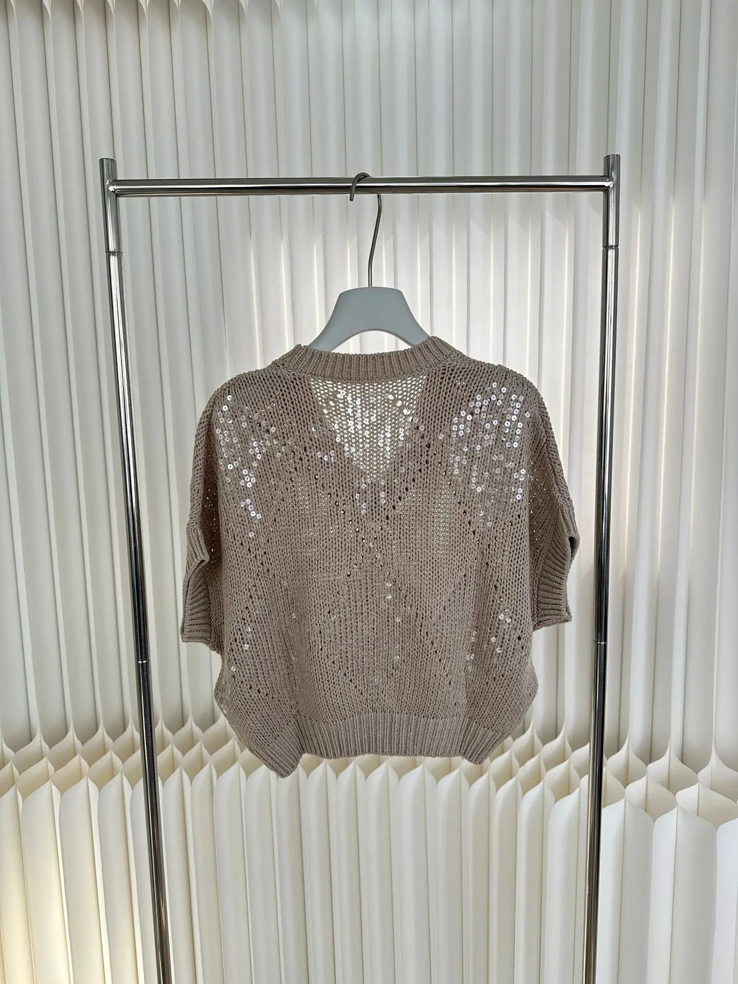 Pull tricoté léger de luxe pour femmes, grille de diamant creuse, paillettes brodées, manches chauve
