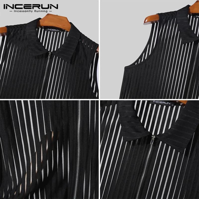 Mode Style décontracté hauts INCERUN hommes rayure verticale Perspective gilet à glissière Sexy mâle