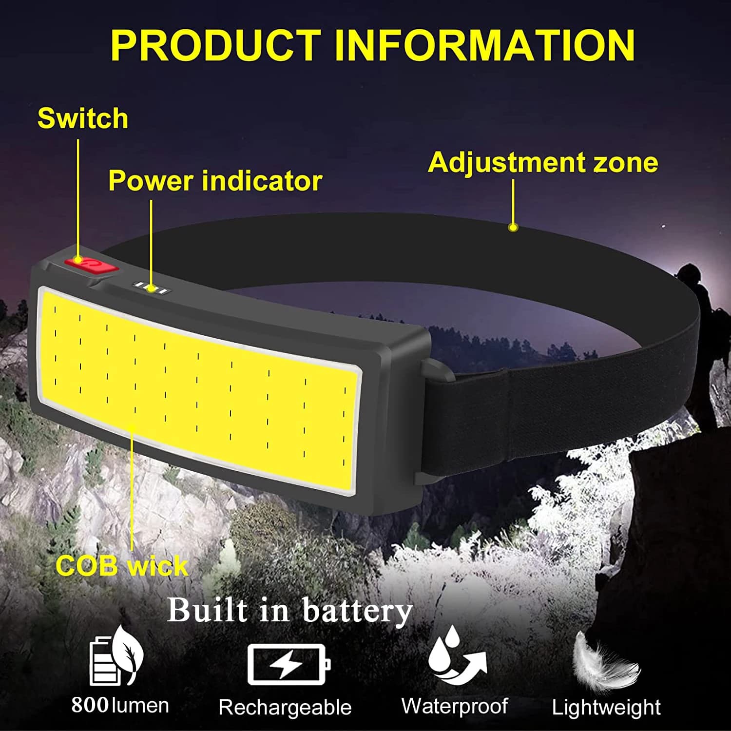 Lampe de poche phare LED COB chaude 3 Modes lumière USB lampe frontale Rechargeable intégrée 1200 ma