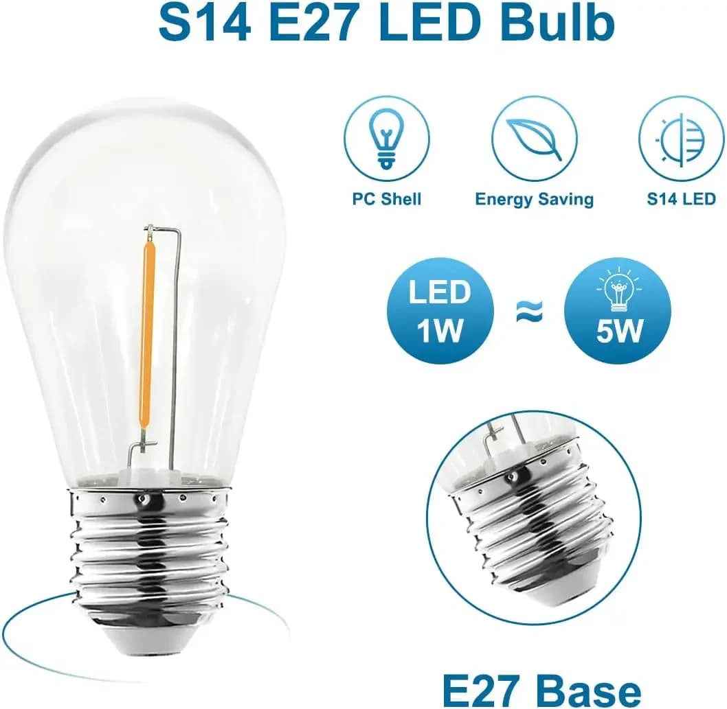Ampoule boule COB à Filament variable S14, 5V 24V, 1W, blanc chaud, lampe LED E27 couverte sur PC, p