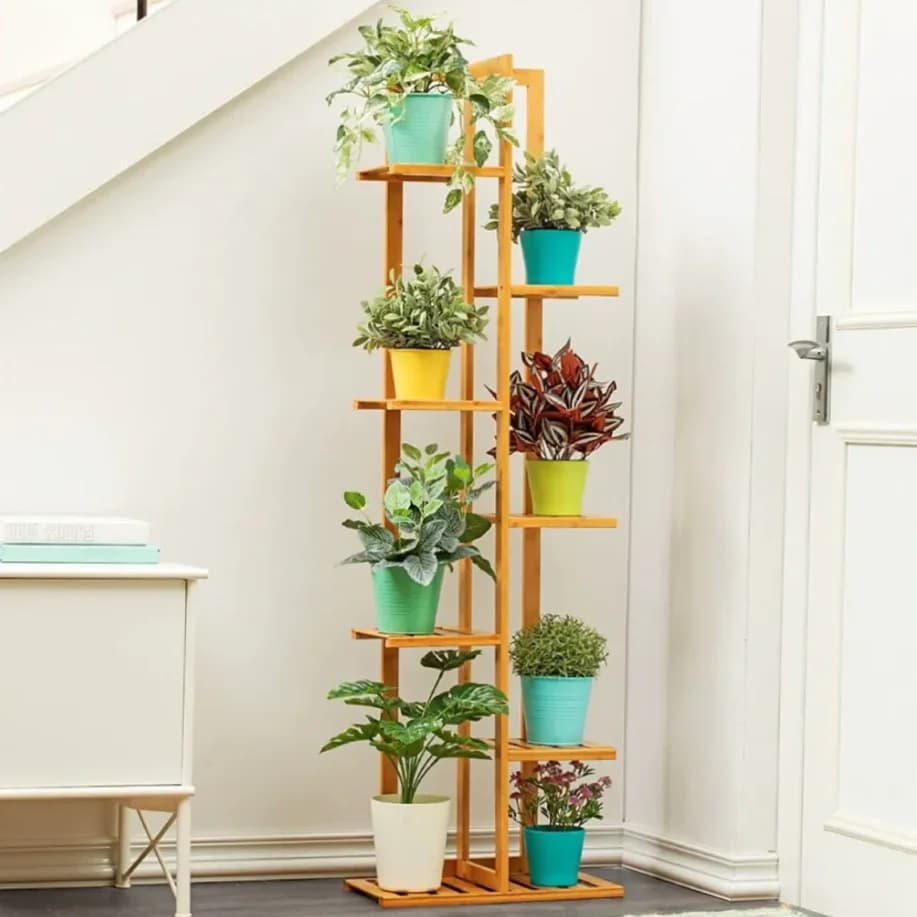 Grand Support d'Angle en Bambou T1 pour Plantes, Plusieurs Fleurs, Étagère d'Niket d'Extérieur