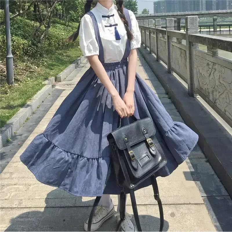Nouveau doux femmes jupe Style Preppy sangle jupe longue volants ample mignon étudiant jupe décontra