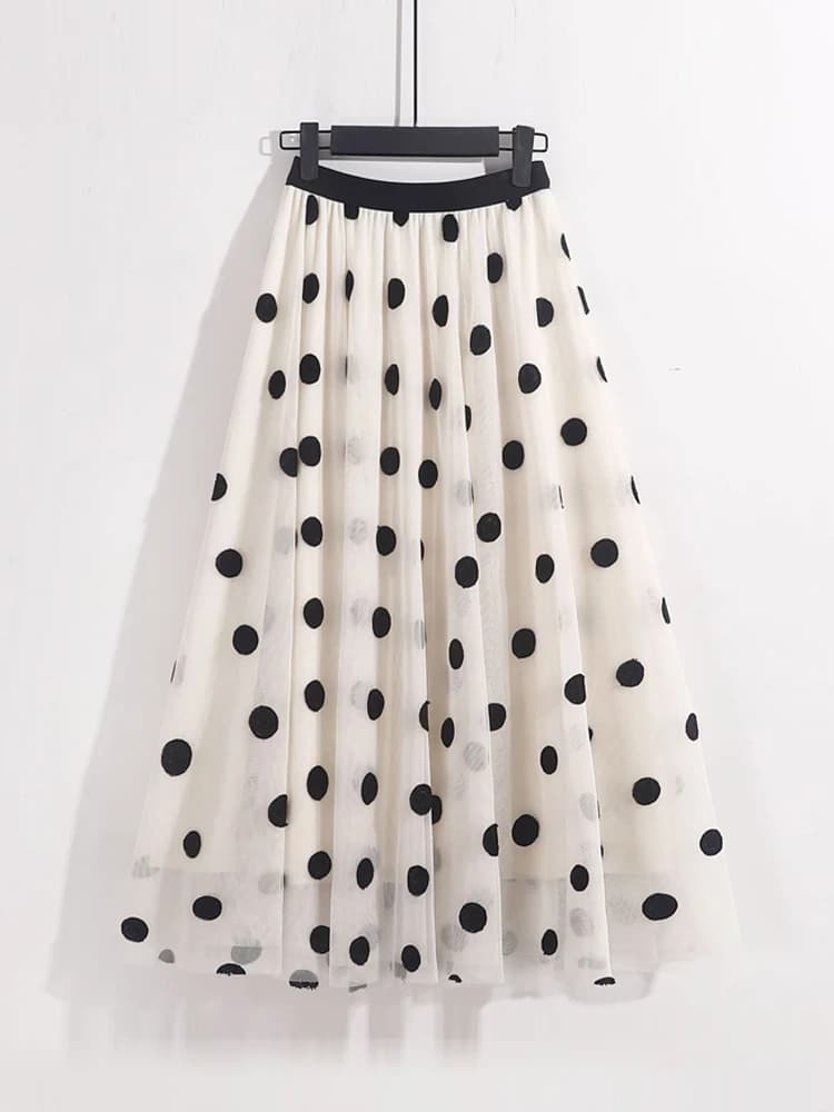 Jupes mi-longues élégantes brodées à pois pour femmes, jupe trapèze femme, taille haute, maille 3 co