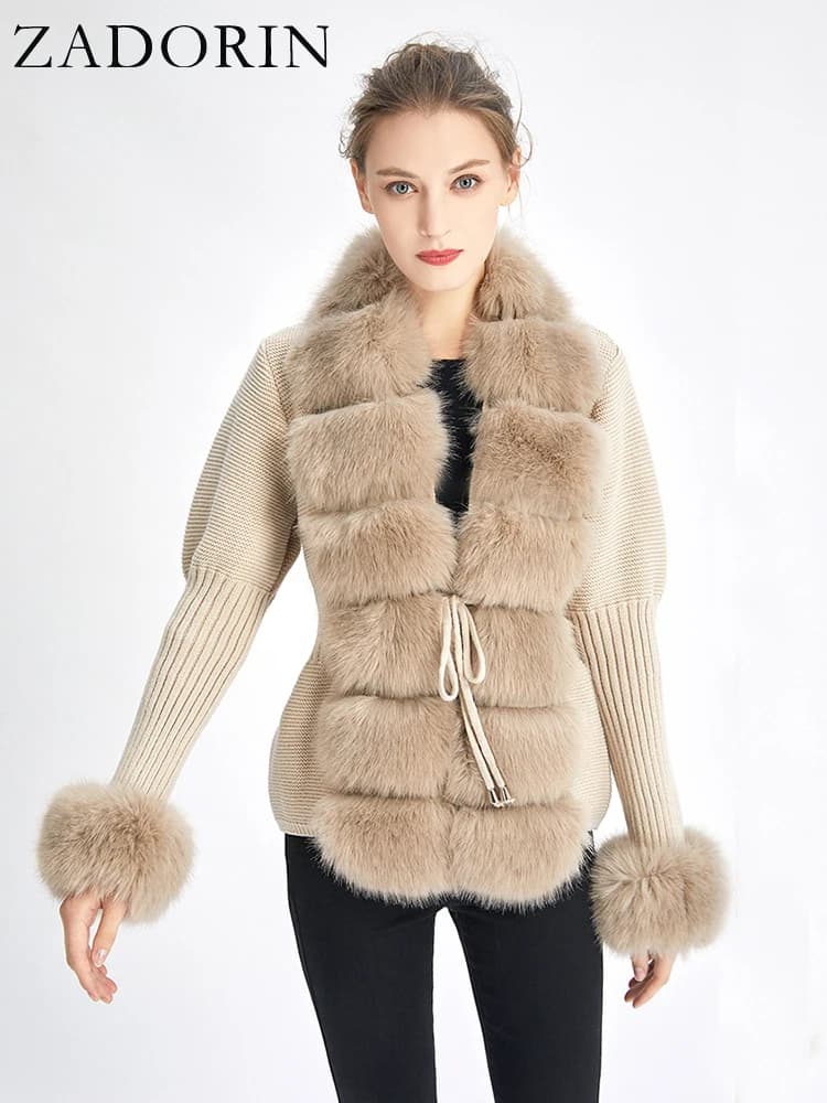 ZADORIN automne hiver femmes fausse fourrure manteau de luxe tricoté pull fourrure Cardigan col déta