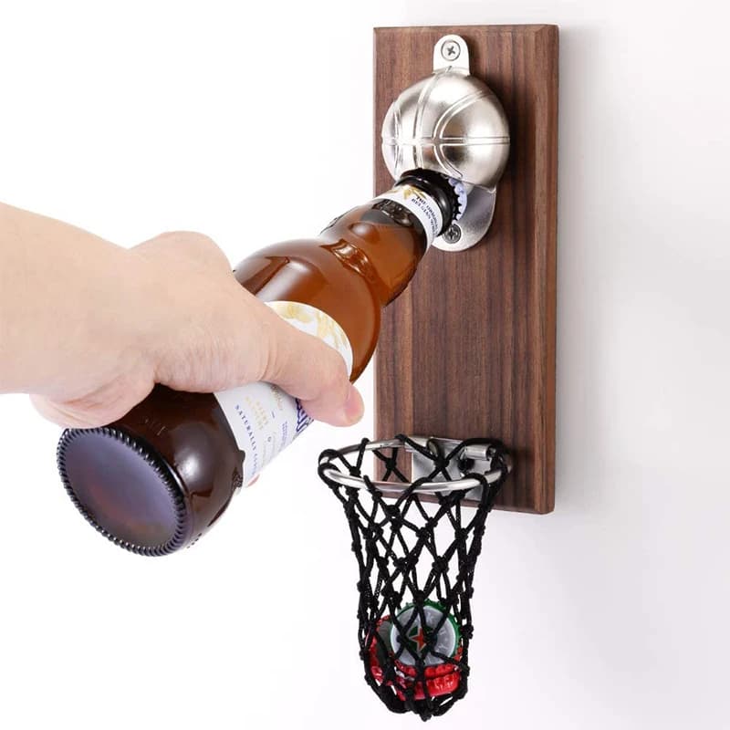 LMETJMA ouvre-bouteille de basket-ball magnétique ouvre-bouteille de bière mural en bois avec receve