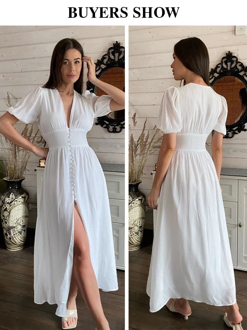 Clacive blanc Sexy simple boutonnage femmes robe 2022 élégant à manches courtes col en v robes de so