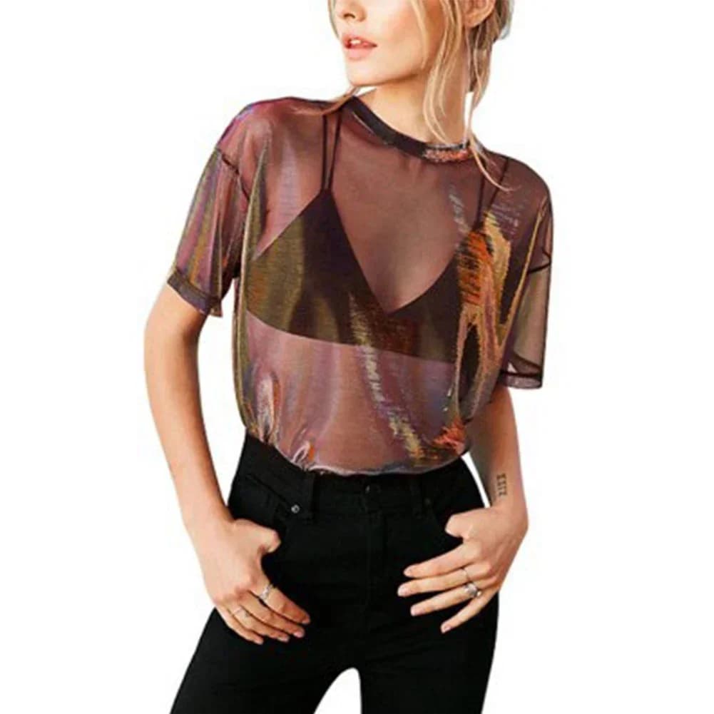 Haut transparent en maille brillante pour femme, t-shirt transparent pour femme, chemisier sexy, che