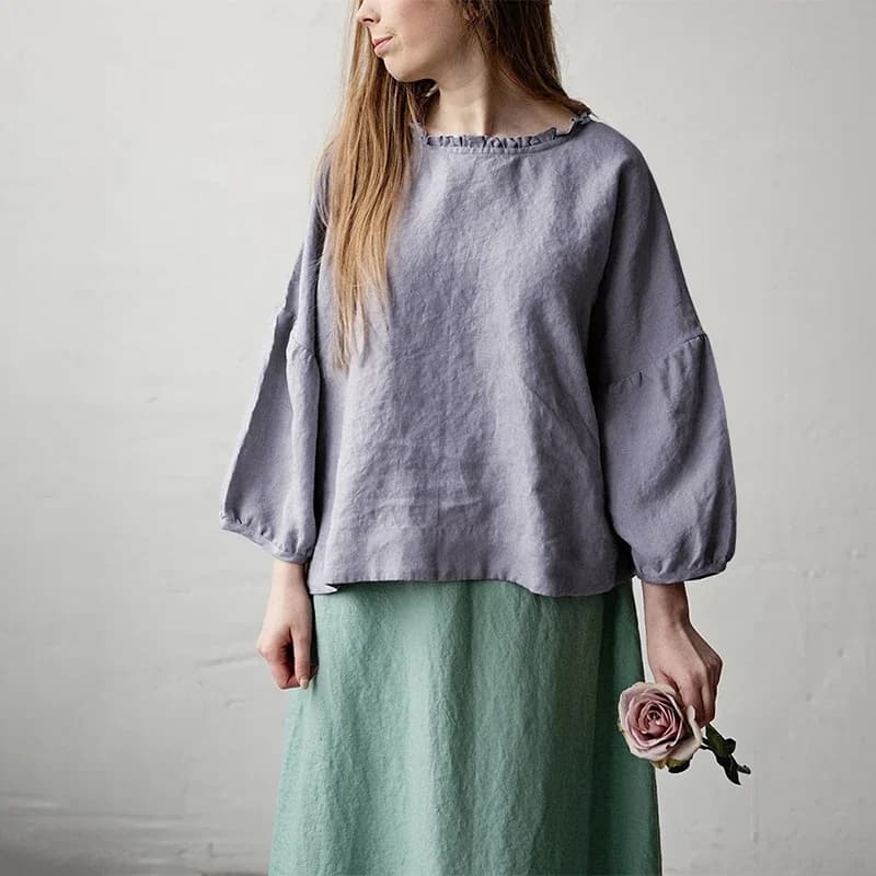 T-Shirt en Lin Rétro pour Femme, Décontracté, Col Rond, à Volants, Manches sulf, Printemps Automne