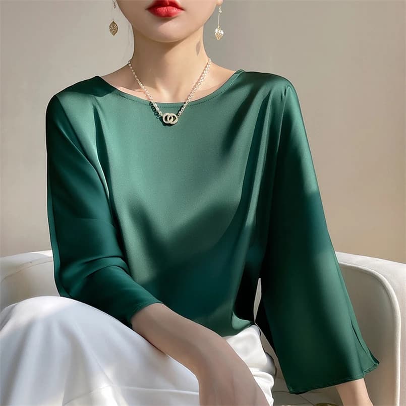 Mode femme élégant Satin Blouse 2026 printemps automne neuf quarts manches hauts amples grande taill