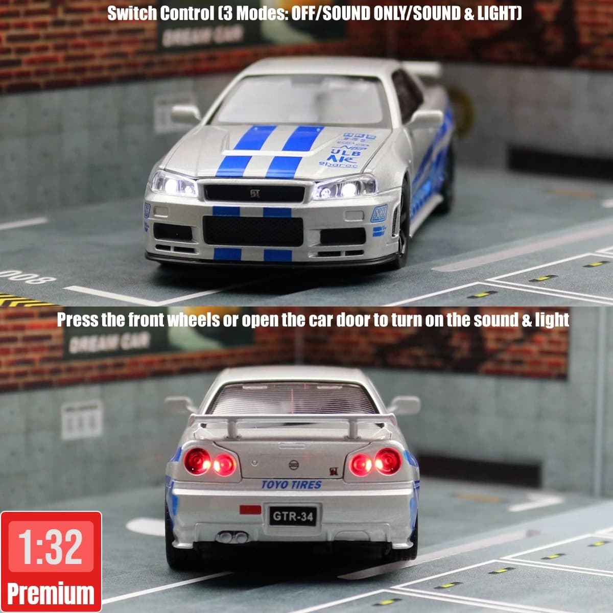 Nissan Skyline GTR R34 JDM, modèle de voiture jouet moulé sous pression, Miniature, son et lumière, 