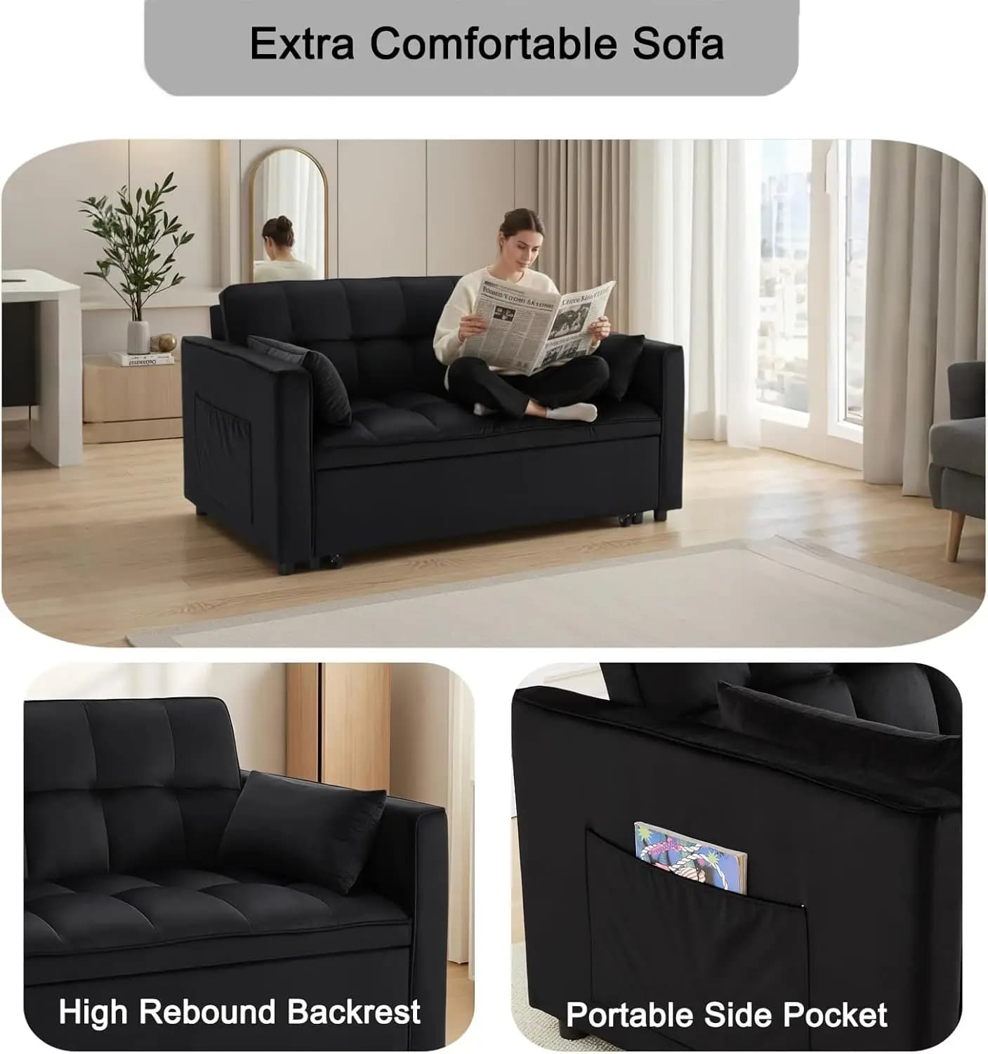 Canapé-lit Loveseat, canapé convertible 3 en 1, canapé-lit avec dossier réglable, canapé moderne rem