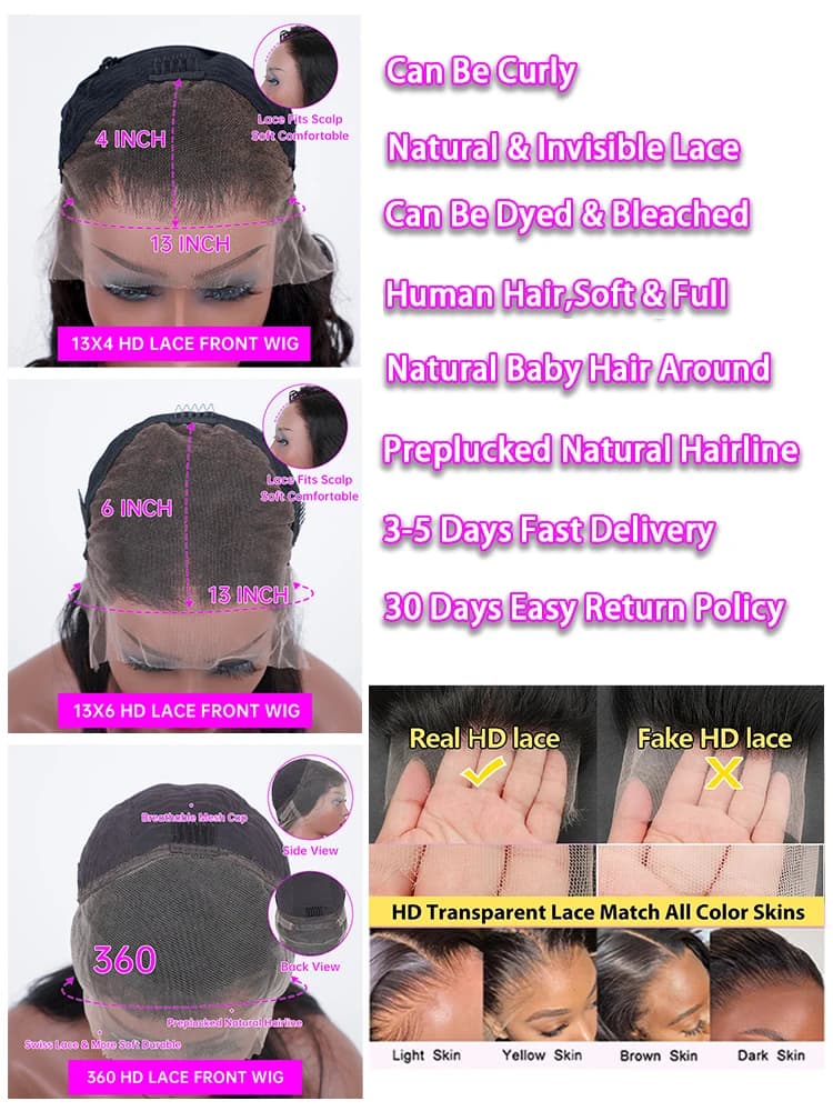 Perruques brésiliennes Body Wave 13x6 HD en cheveux humains naturels avec dentelle transparente, den