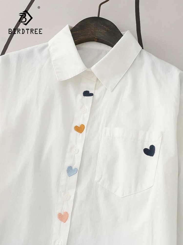 Chemises blanches brodées de coeur pour femmes, col rabattu, chemisier décontracté, manches longues,