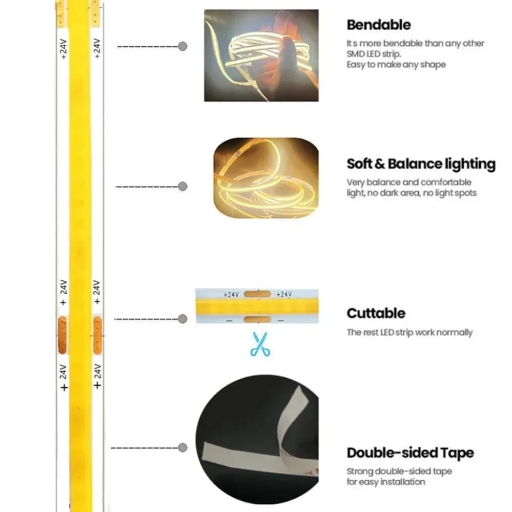 Bande Lumineuse LED COB à Haute Densité, Ruban Flexible, 320-480 K, RA90/RA95, DC12V 24V, 3000 6500 