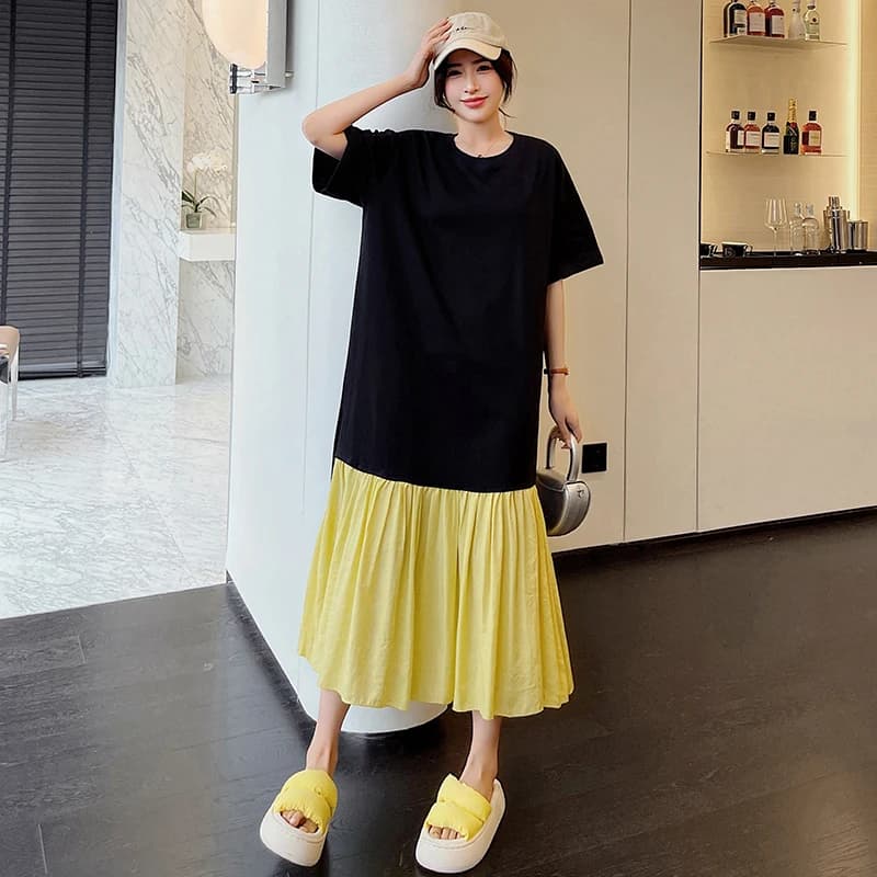Robe ample Patchwork noire pour femmes, faux deux pièces, vêtements grande taille KE3294, nouvelle c