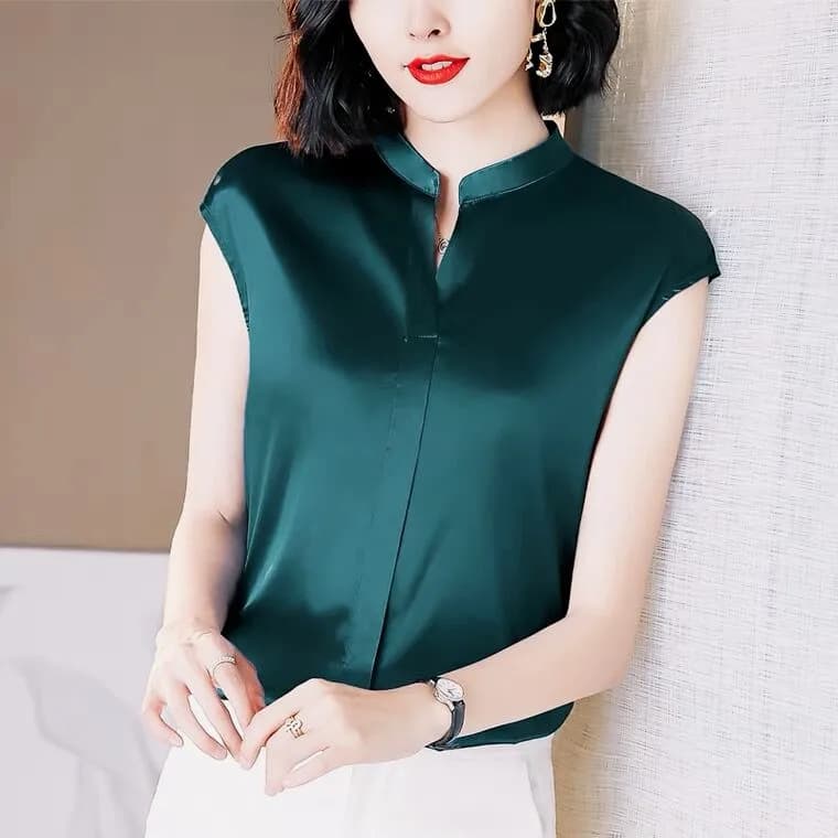 Chemise en satin grande taille pour femmes, col en V, couleur unie, élégante, tenue de bureau, été