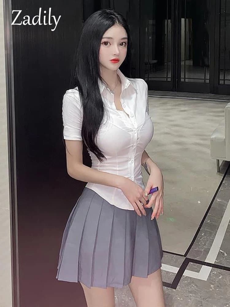 Zadily femmes coupe ajustée chemise blanche Style coréen à manches courtes Sexy bureau Blouse été 20