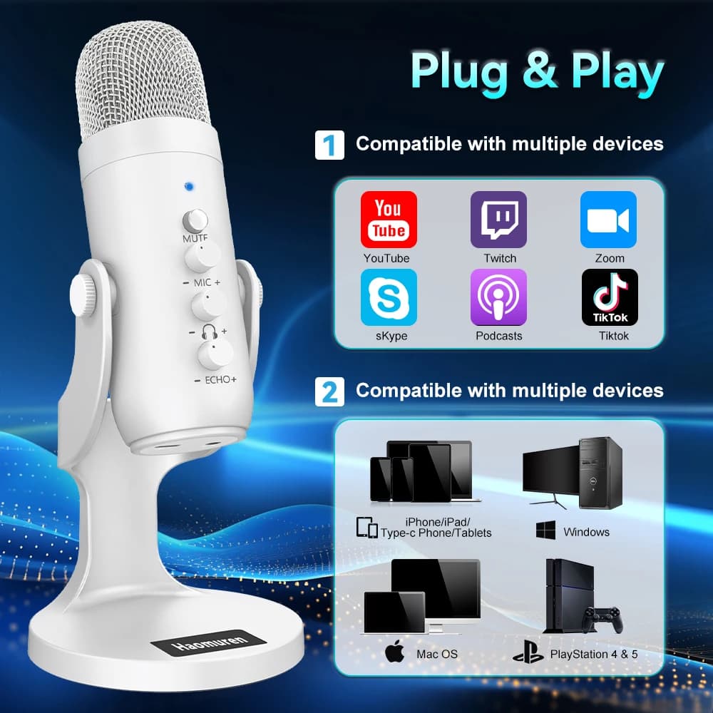 Haomuren-Microphone à condensateur USB blanc professionnel, studio, statique, micro pour PC, ordinat