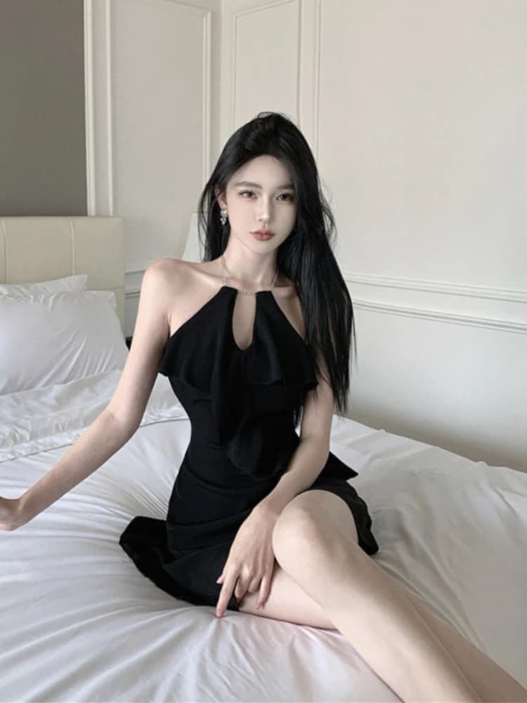 Mini robe col licou pour femmes, dos nu, Sexy, Clubwear, volants, Slim, esthétique, tendance, conçu,