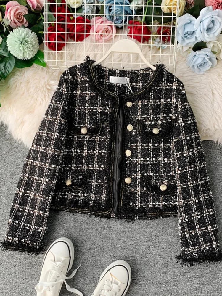 Veste en Tweed Vintage pour femme, nouveau, automne hiver, petit parfum, Patchwork, laine coréenne, 
