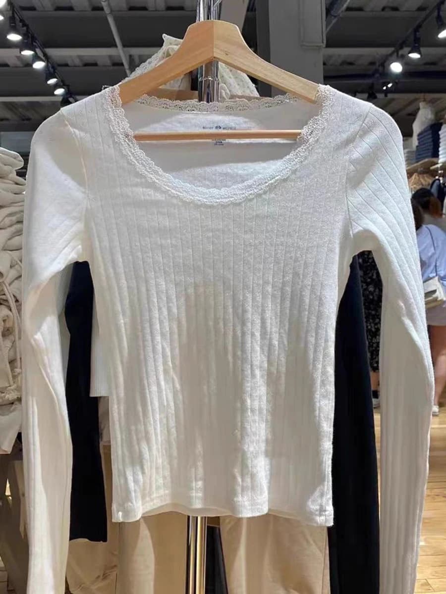 T-shirt manches longues col rond pour femme, haut court en coton blanc, Vintage, doux et mignon, ave