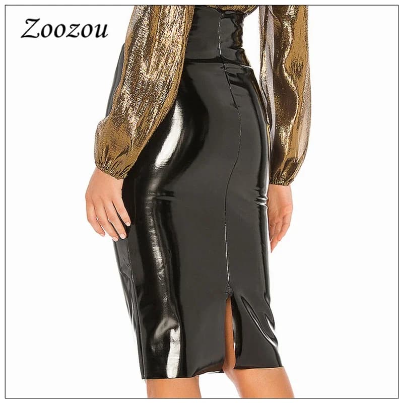 Jupe Midi en Latex et cuir verni PVC pour femmes, taille haute, crayon, élégante, fendue, longueur a