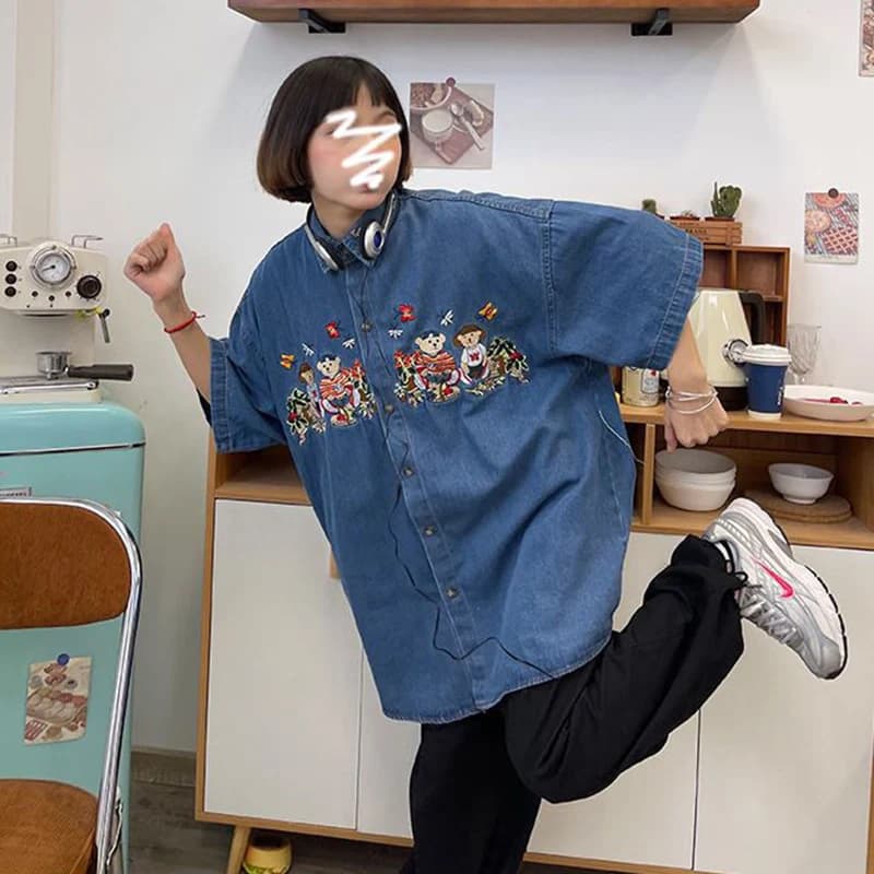 Chemise en denim bleu pour femme, broderie d'été, ours en peluche, fleurs, manches courtes, Harajuku