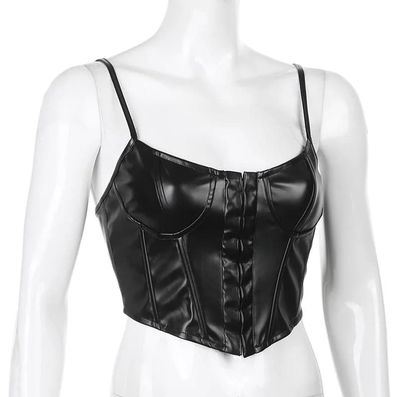 Corset femme Sexy noir en cuir PU Bustier haut court mode dame sans manches sangle Camis Clubwear ét