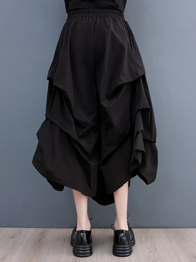 Pantalon à jambes larges drapé pour femme, taille haute élastique, noir, vintage, décontracté, poche