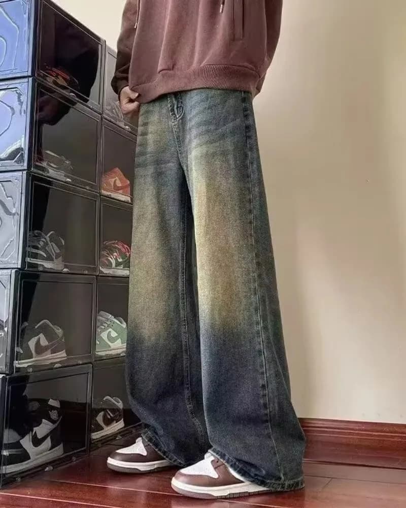 Nouveau jean couteau courbé pour hommes américain rétro lavé en détresse pantalon à jambes larges qu