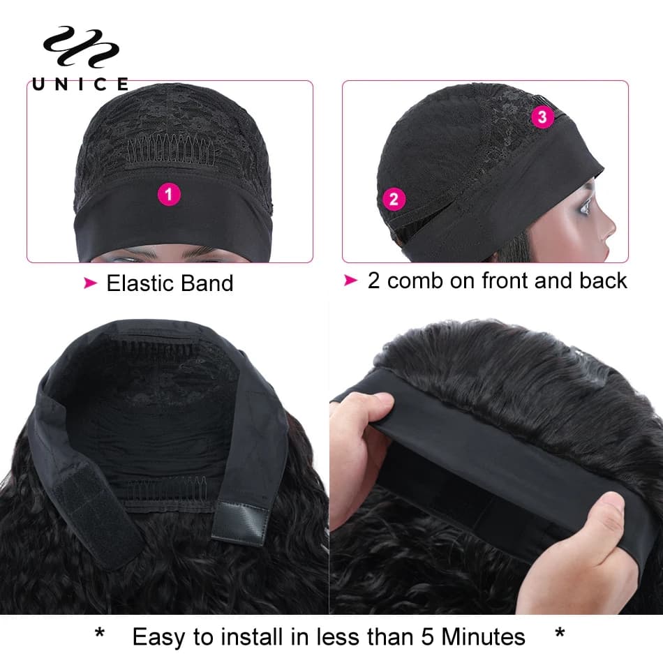 Perruque 100% cheveux naturels ondulés-UNice, prêt à porter, sans colle, avec écharpe