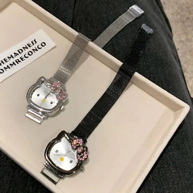 Montre à quartz tendance Sanrio Anime Hello Kitty avec nœud, montre à quartz avec petit cadran magné