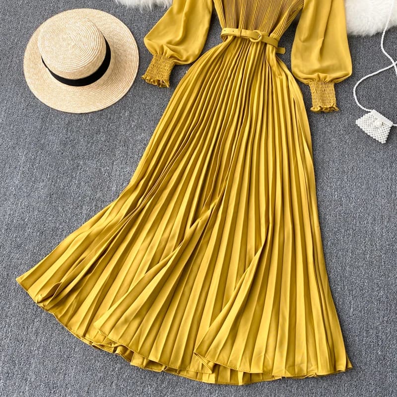 Robe longue élégante pour femmes, printemps et été, manches longues, ceinture plissée, jupe longue p