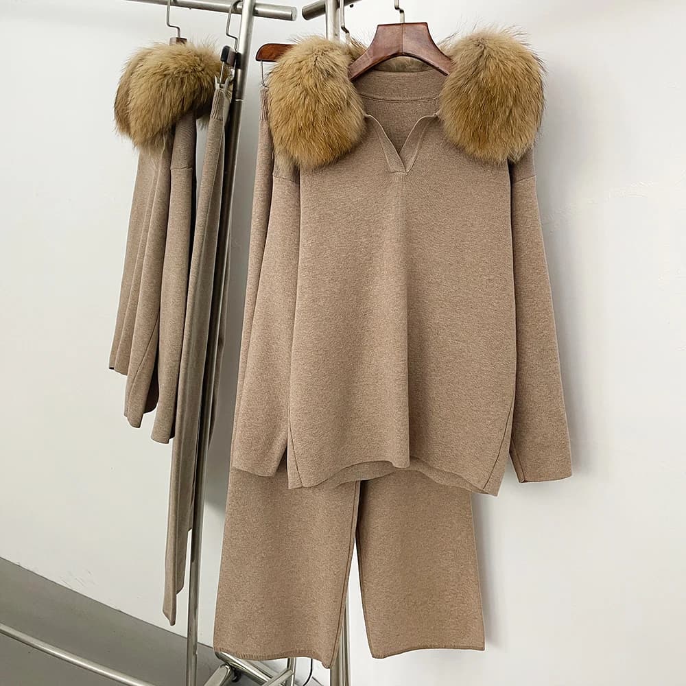 Réalité fourrure veste pull ensemble femme printemps tricoté costume tricots femme réel renard col d